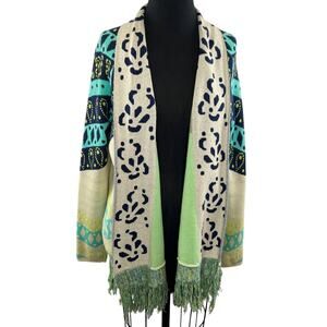 Gypsy 05 Global Village Green Cream Long Sleeve Open Fringe Cardigan Sweater S